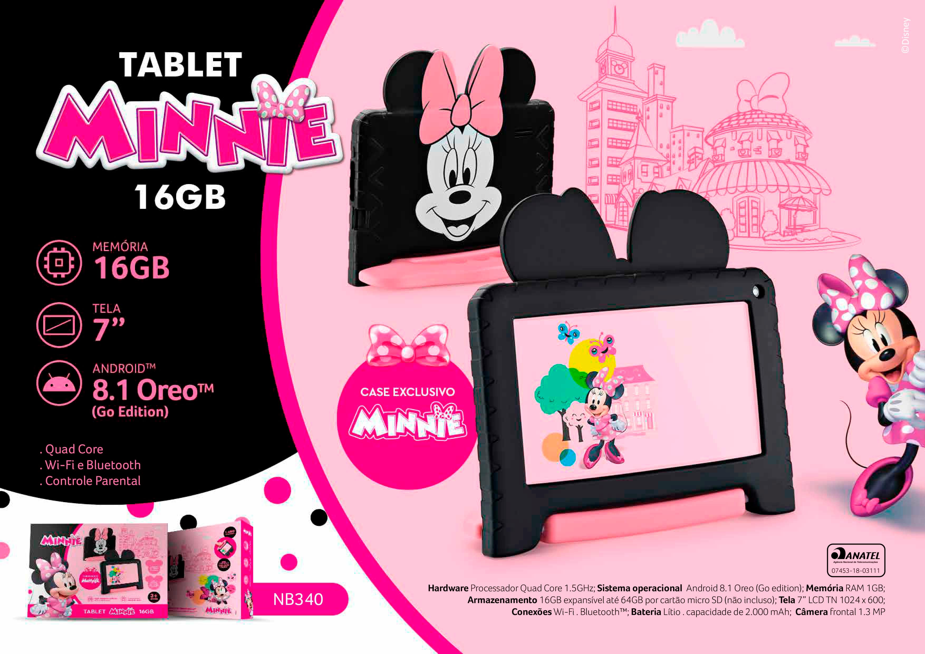  Tablet Multilaser Minnie Mouse 16GB Tela 7 Wi Fi Bluetooth Câmera Frontal 1.3MP - NB340